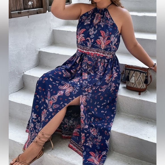 Boho Floral Print Slit Halter Maxi Dress - Picture 6 of 6